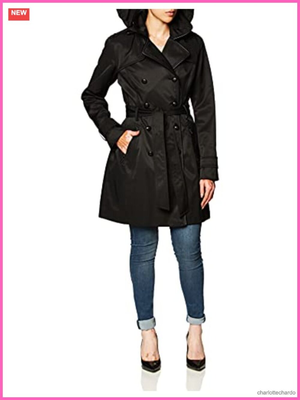 Double Breasted Trench Coat with Contrast Piping, Belted Cuff Details, Long